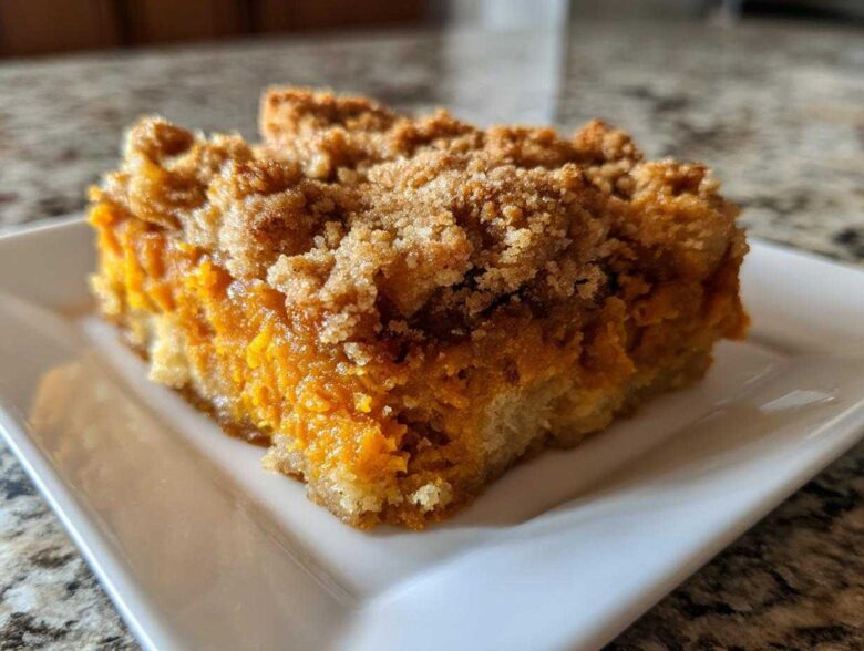 A close-up of a square slice of sweet potato cobbler featuring a bright orange filling and thick, brown sugar crumb topping.