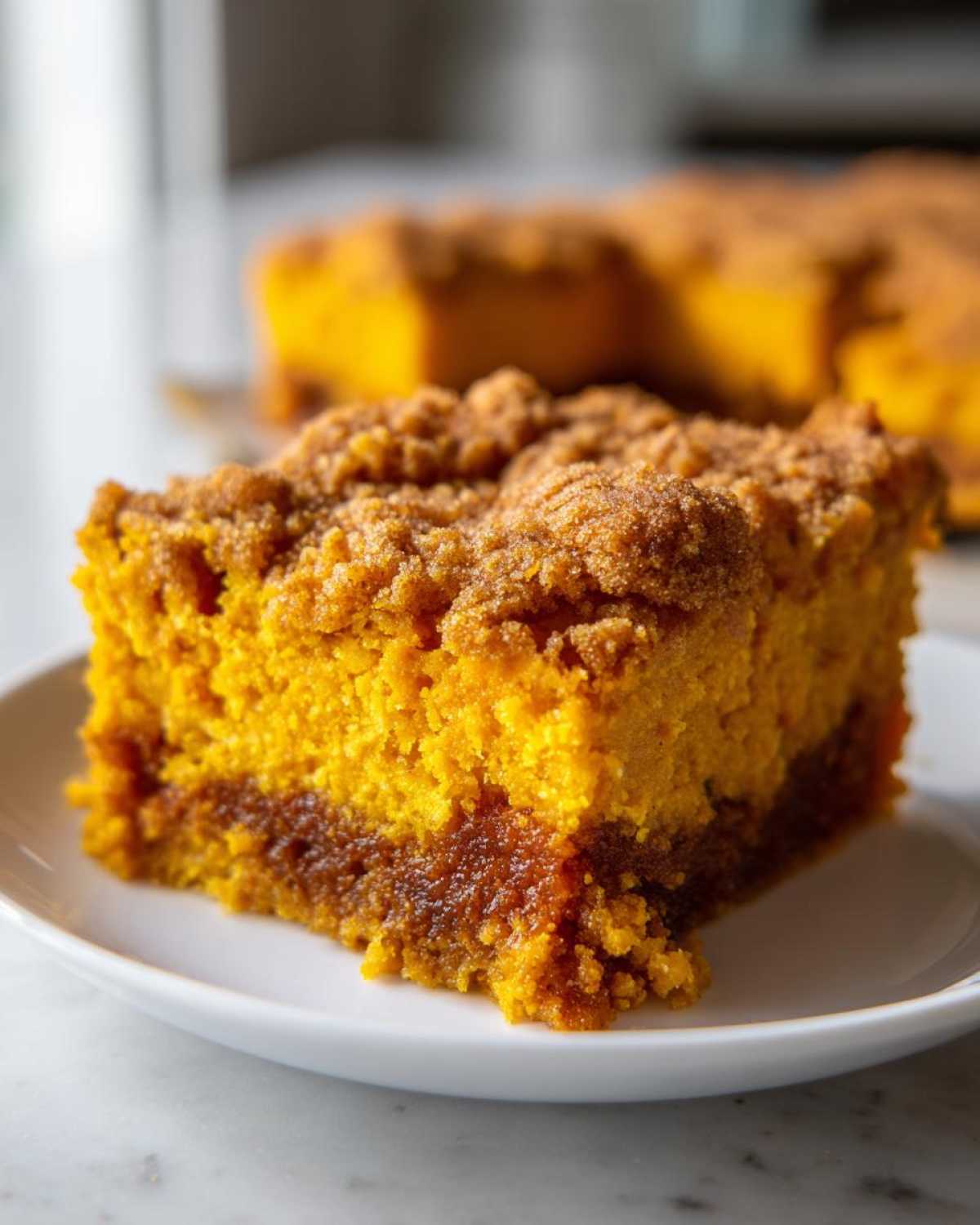 Close-up of a square slice of bright orange sweet potato cobbler with a thick cinnamon streusel topping.