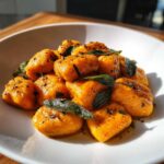 A close-up of bright orange sweet potato gnocchi tossed in brown butter and topped with crisp sage leaves.