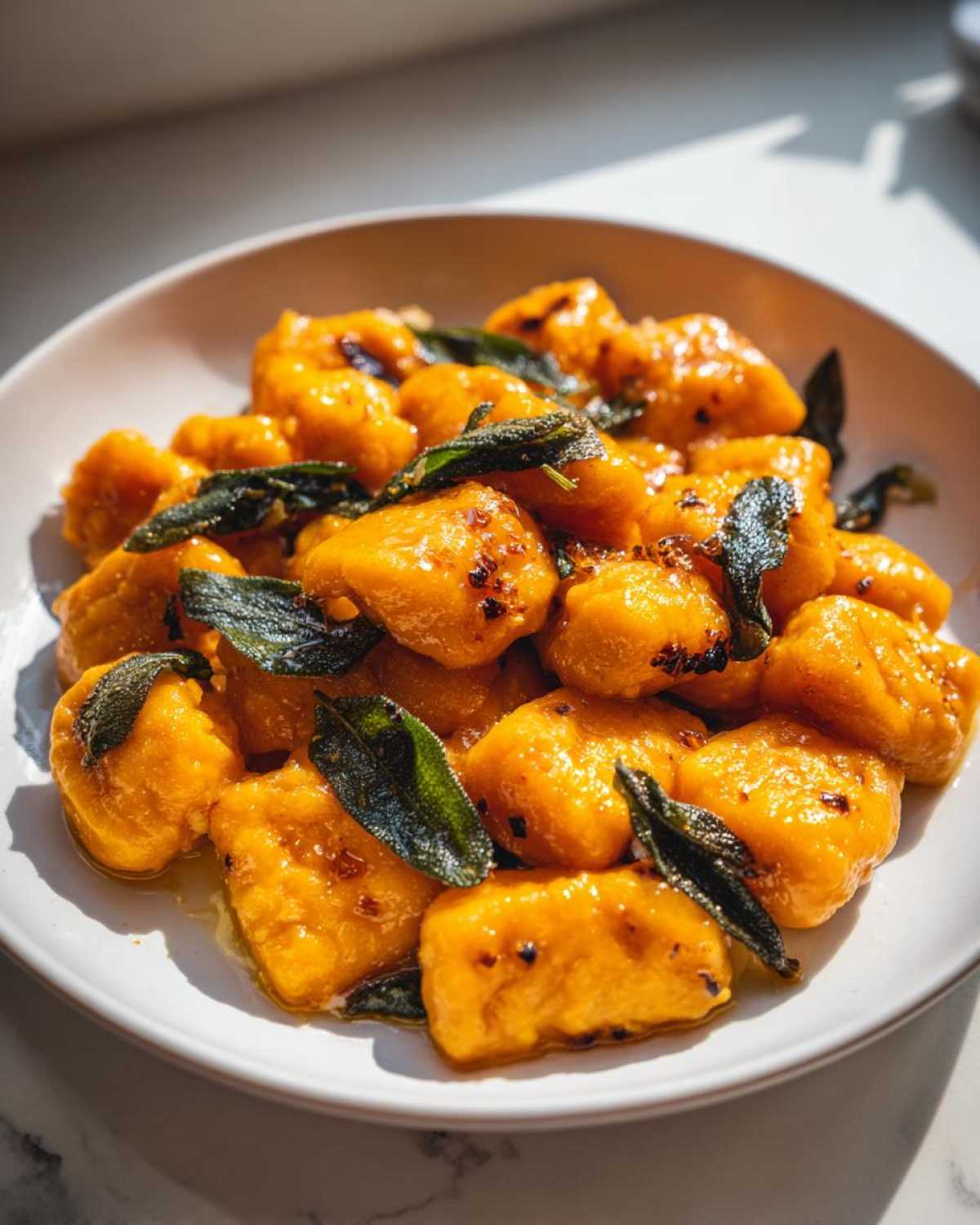 Close-up of bright orange sweet potato gnocchi tossed in butter sauce with crispy sage leaves.