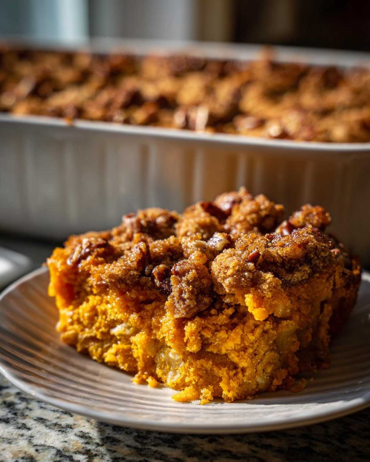 A close-up serving of rich, orange sweet potato souffle topped with a crunchy pecan streusel, set on a light plate.