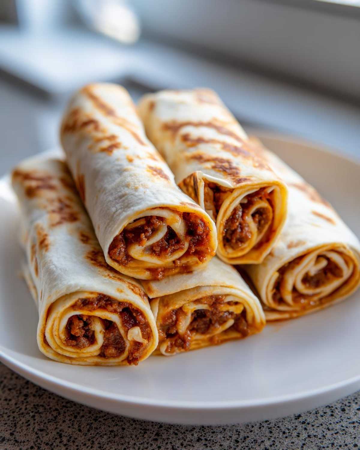 A stack of five freshly made taco pinwheels filled with seasoned ground meat and cheese, resting on a white plate.