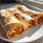 Three golden-brown taco pinwheels filled with seasoned ground meat and melted cheese, served on a white plate.