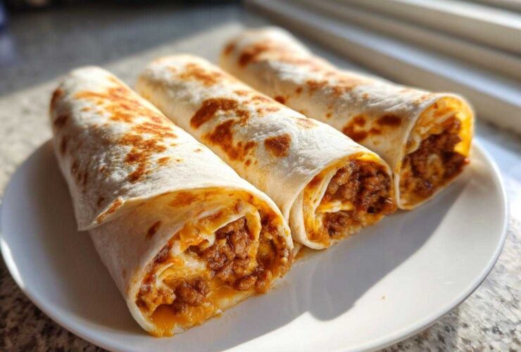 Three golden-brown taco pinwheels filled with seasoned ground meat and melted cheese, served on a white plate.