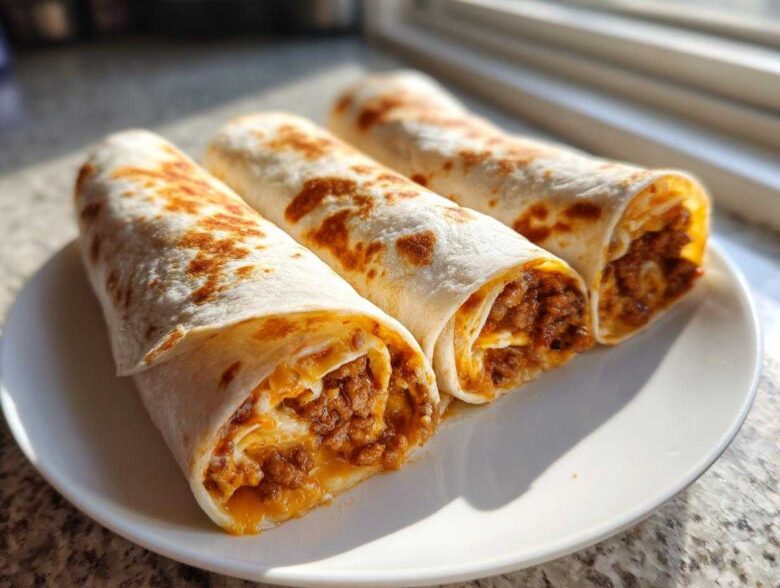 Three golden-brown taco pinwheels filled with seasoned ground meat and melted cheese, served on a white plate.