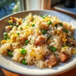 A close-up of a bowl filled with savory chicken fried rice, featuring white rice, bright green peas, and scrambled egg pieces.