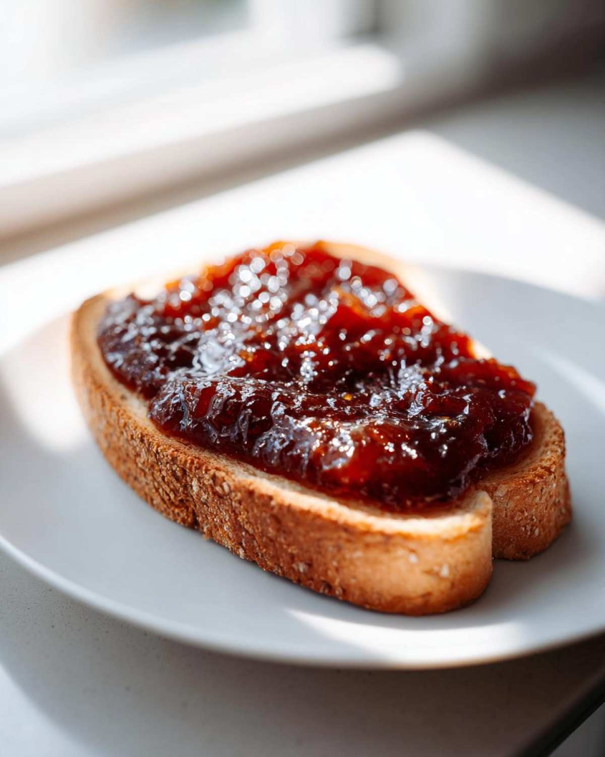 A slice of toasted bread generously topped with dark, glistening homemade apple butter, sitting on a white plate.