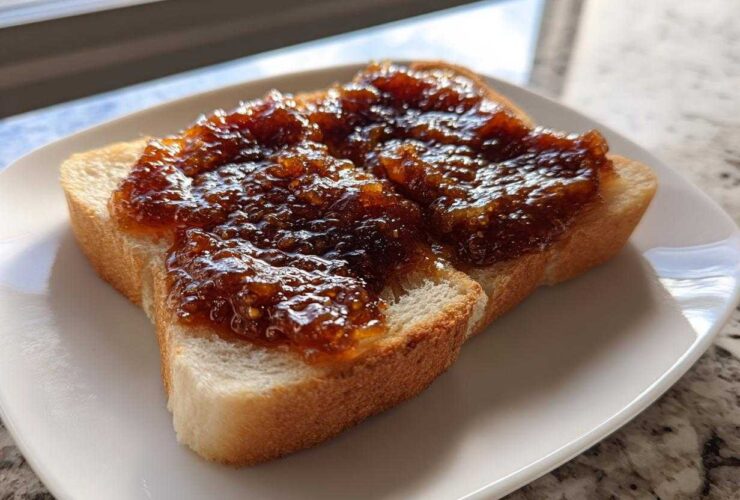 A thick slice of white toast generously topped with dark, glistening homemade apple butter.