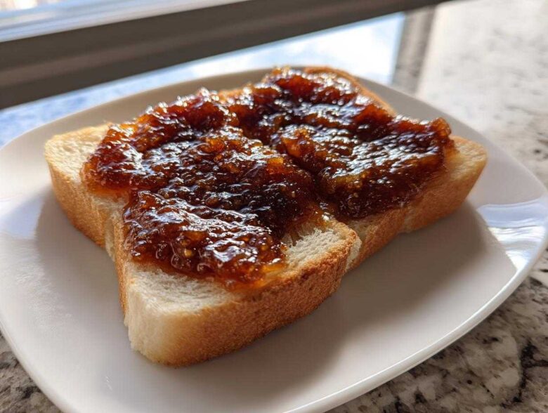 A thick slice of white toast generously topped with dark, glistening homemade apple butter.