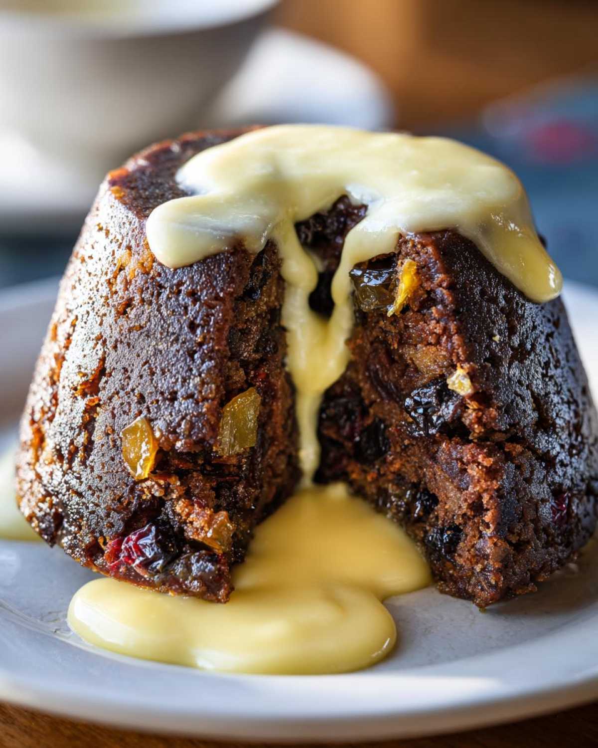 A rich, dark traditional plum pudding cut open, oozing warm custard over dried fruits.