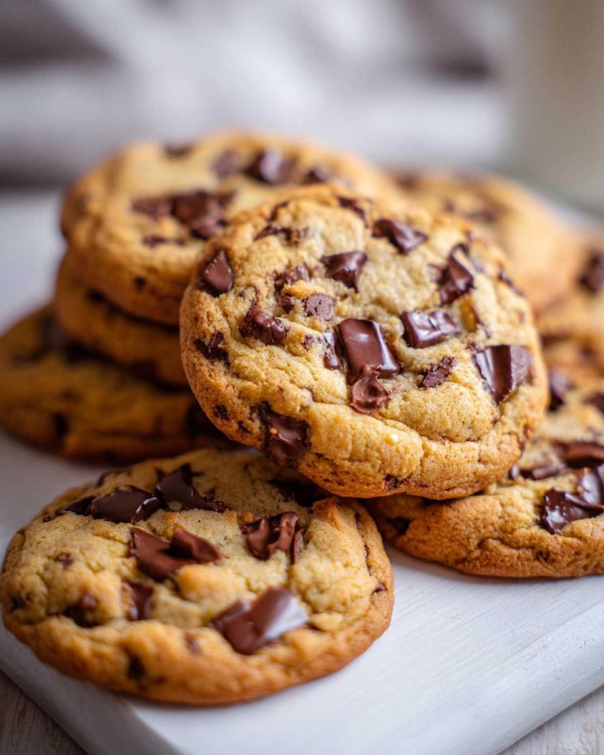 A close-up stack of freshly baked, chewy chocolate chip cookie loaded with melted chocolate chunks.