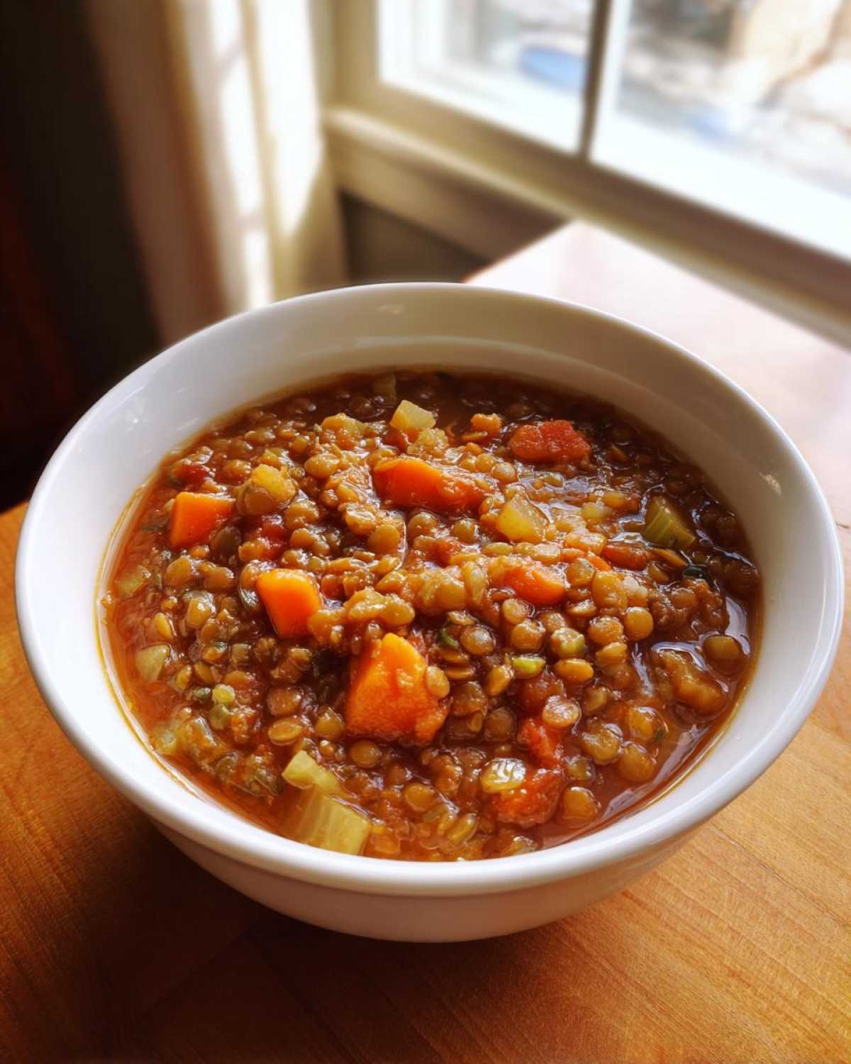 A close-up of a white bowl filled with thick, hearty lentil soup containing visible chunks of carrots and celery.