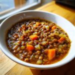 Close-up of a rich, brown bowl of ultimate lentil soup with visible diced carrots and celery.