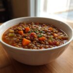 A close-up of a white bowl filled with thick, rustic lentil soup featuring carrots and tomatoes.