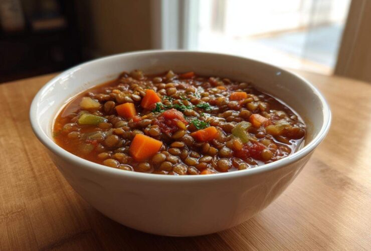 A close-up of a white bowl filled with thick, rustic lentil soup featuring carrots and tomatoes.