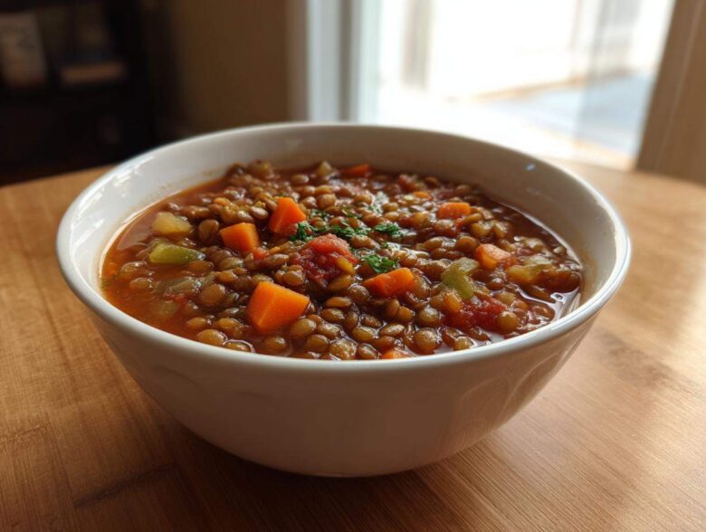 A close-up of a white bowl filled with thick, rustic lentil soup featuring carrots and tomatoes.