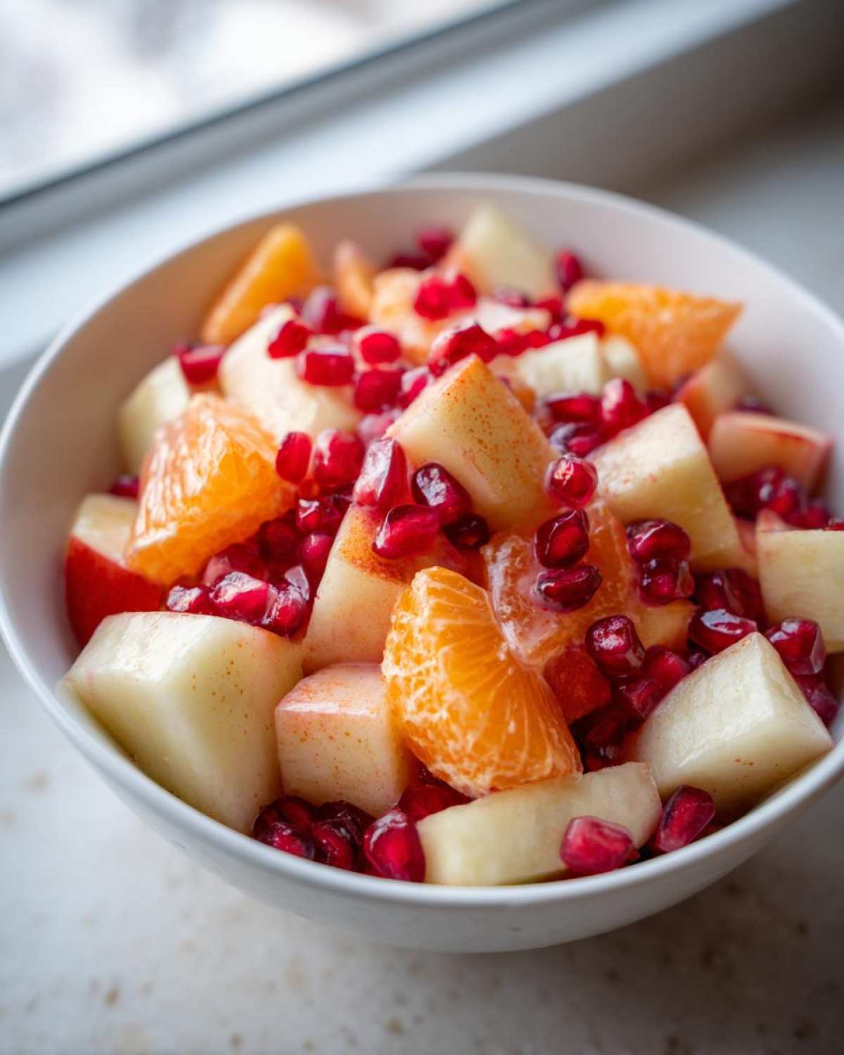 Close-up of a white bowl filled with a colorful winter fruit salad featuring diced apples, bright orange segments, and ruby pomegranate seeds.
