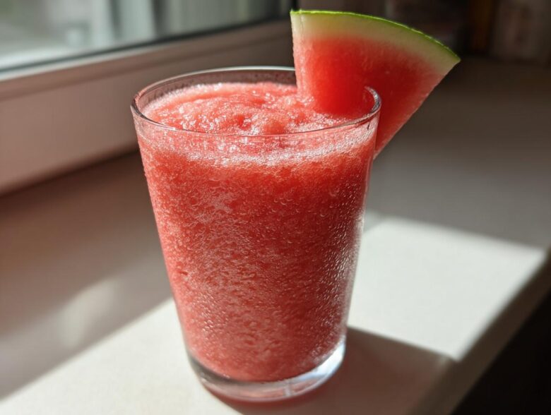 A tall glass filled with a bright red, icy watermelon smoothie, garnished with a fresh watermelon wedge.