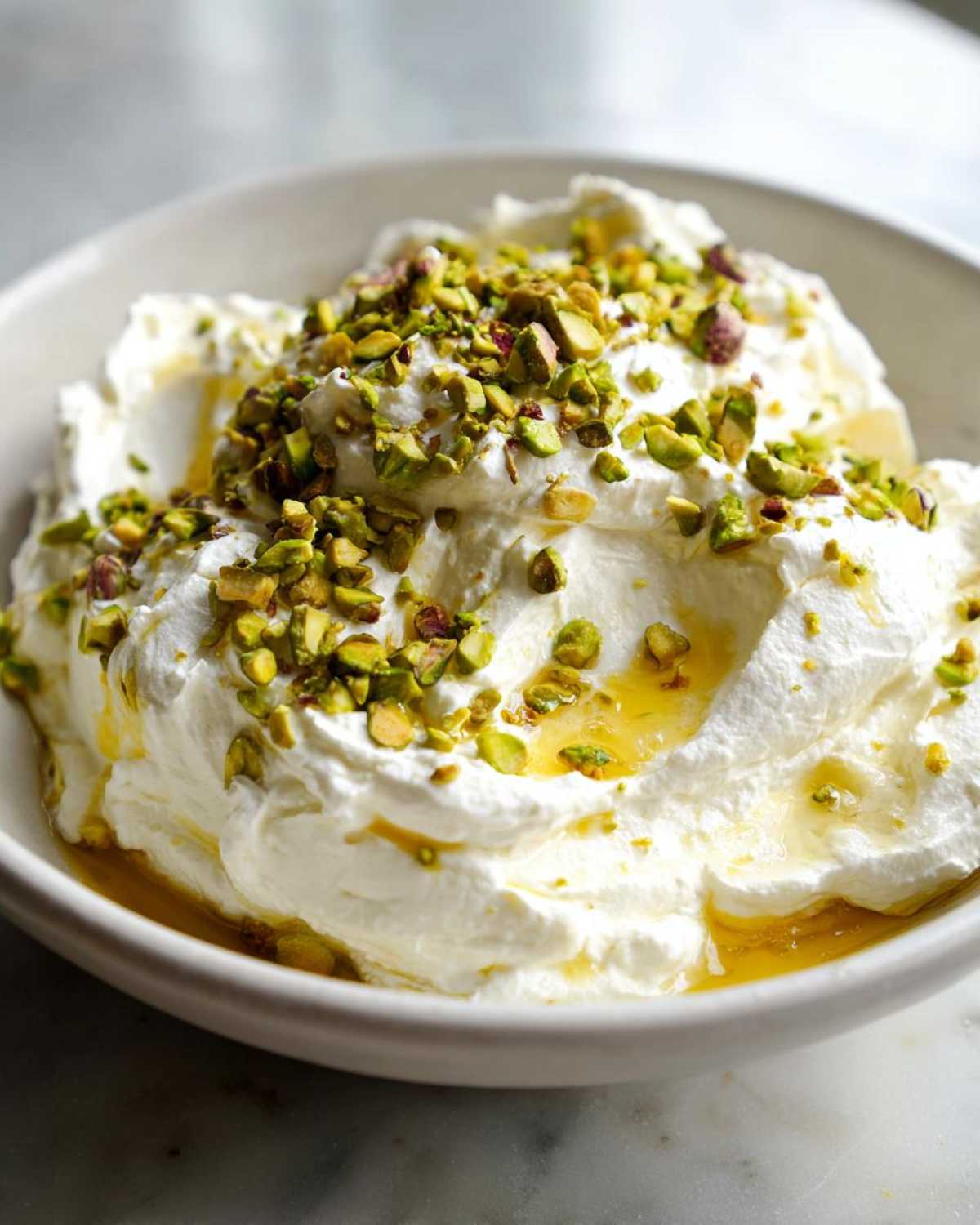 A bowl of fluffy whipped goat cheese drizzled with honey and topped with chopped pistachios.