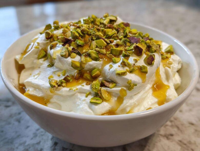 A white bowl filled with creamy whipped goat cheese, drizzled with honey and topped with chopped pistachios.