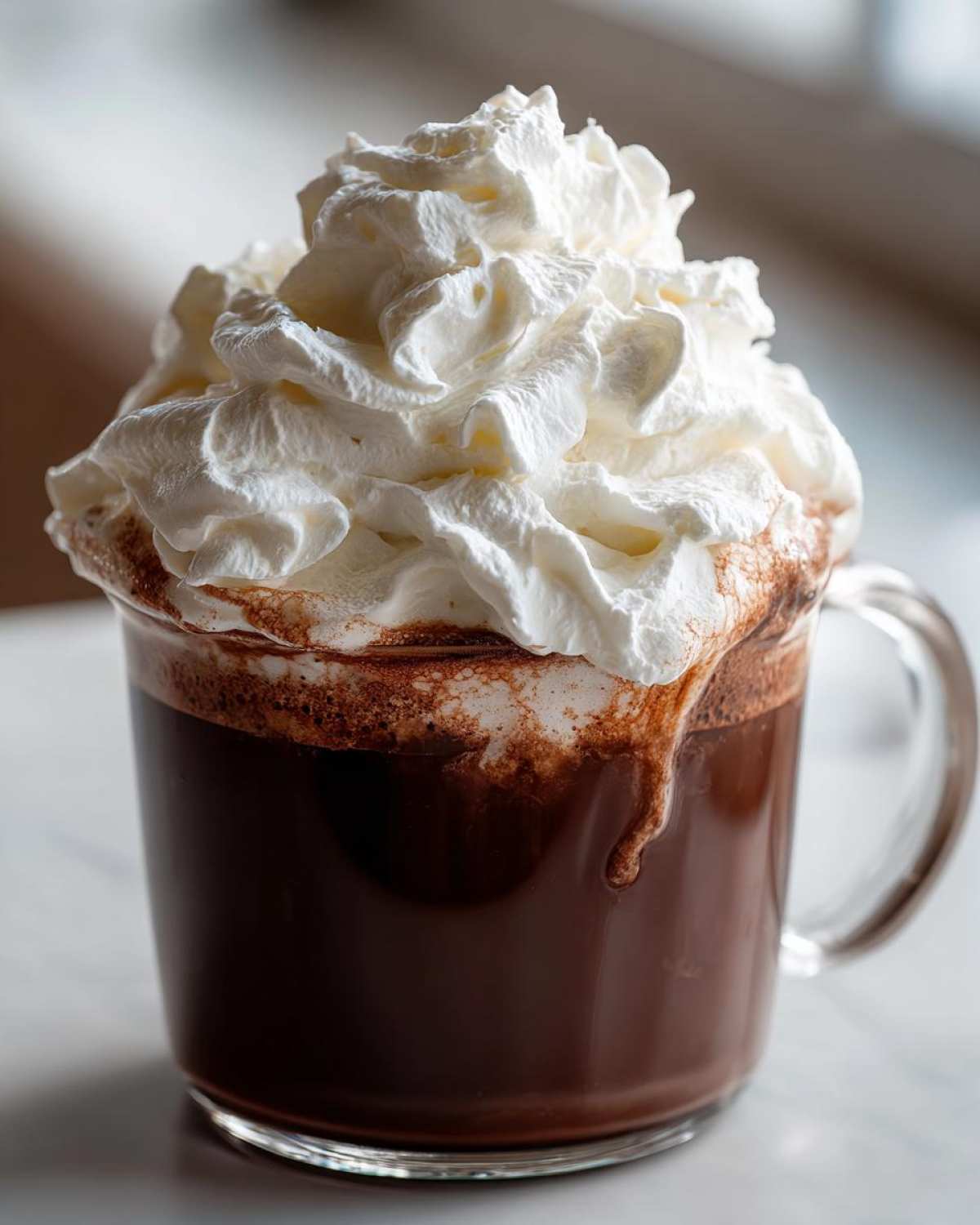A clear glass mug filled with rich, dark whipped hot chocolate topped high with fluffy whipped cream.