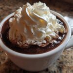 Close-up of a mug filled with rich, dark whipped hot chocolate topped generously with white whipped cream.