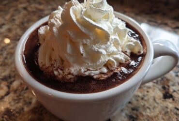 Close-up of a mug filled with rich, dark whipped hot chocolate topped generously with white whipped cream.