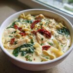 Close-up of a bowl of creamy white chicken lasagna soup with noodles, chicken, spinach, and sun-dried tomatoes.