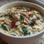 Close-up of a hearty bowl of white chicken lasagna soup with shredded chicken, spinach, and sun-dried tomatoes.