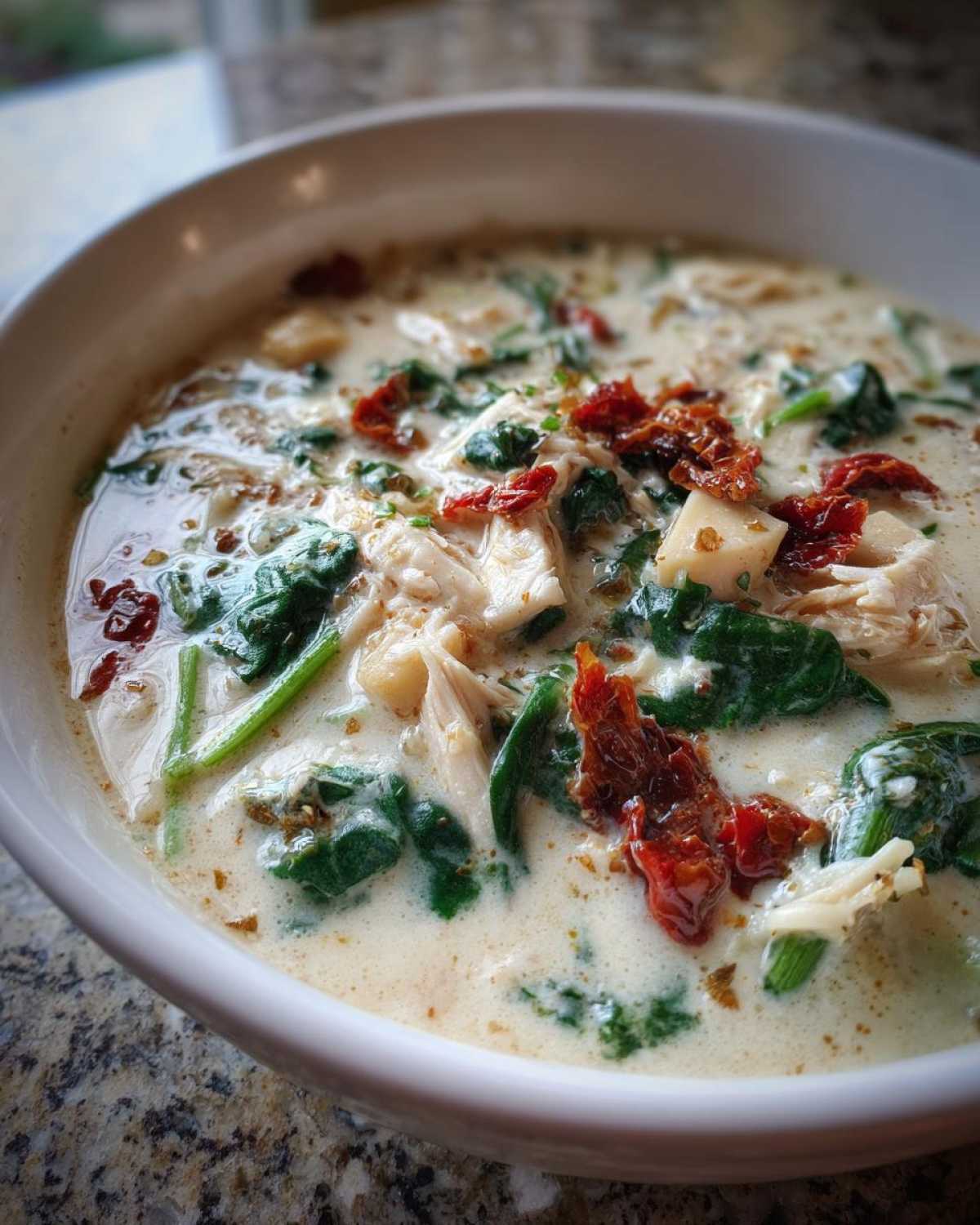 Close-up of a hearty bowl of white chicken lasagna soup with shredded chicken, spinach, and sun-dried tomatoes.