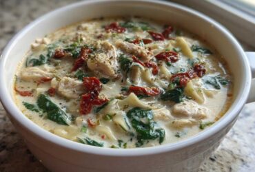 Close-up of a hearty bowl of white chicken lasagna soup with shredded chicken, spinach, and sun-dried tomatoes.