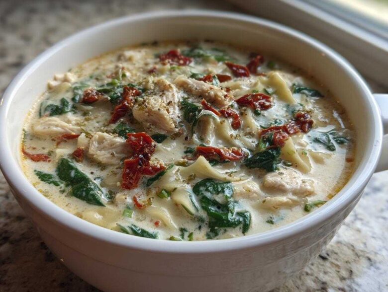Close-up of a hearty bowl of white chicken lasagna soup with shredded chicken, spinach, and sun-dried tomatoes.