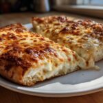 Two slices of thick-crust white pizza with bubbly, browned cheese topping, served on a white plate.