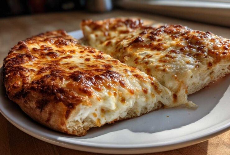Two slices of thick-crust white pizza with bubbly, browned cheese topping, served on a white plate.
