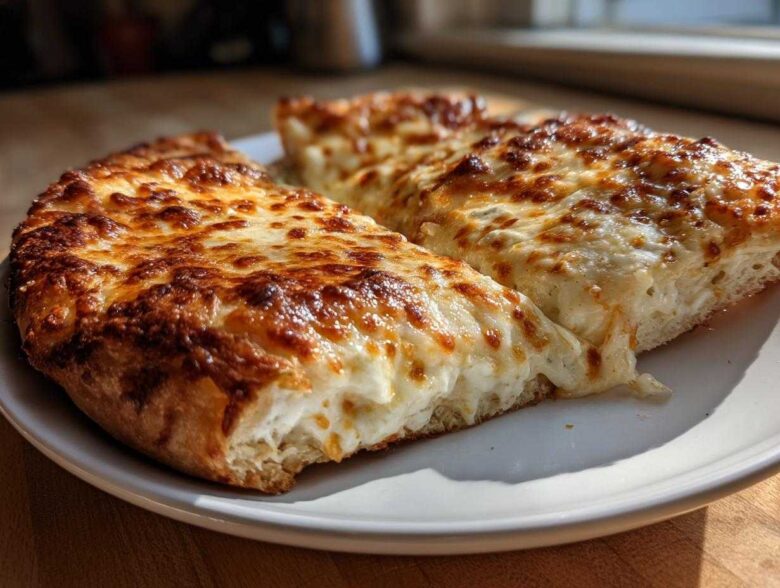 Two slices of thick-crust white pizza with bubbly, browned cheese topping, served on a white plate.