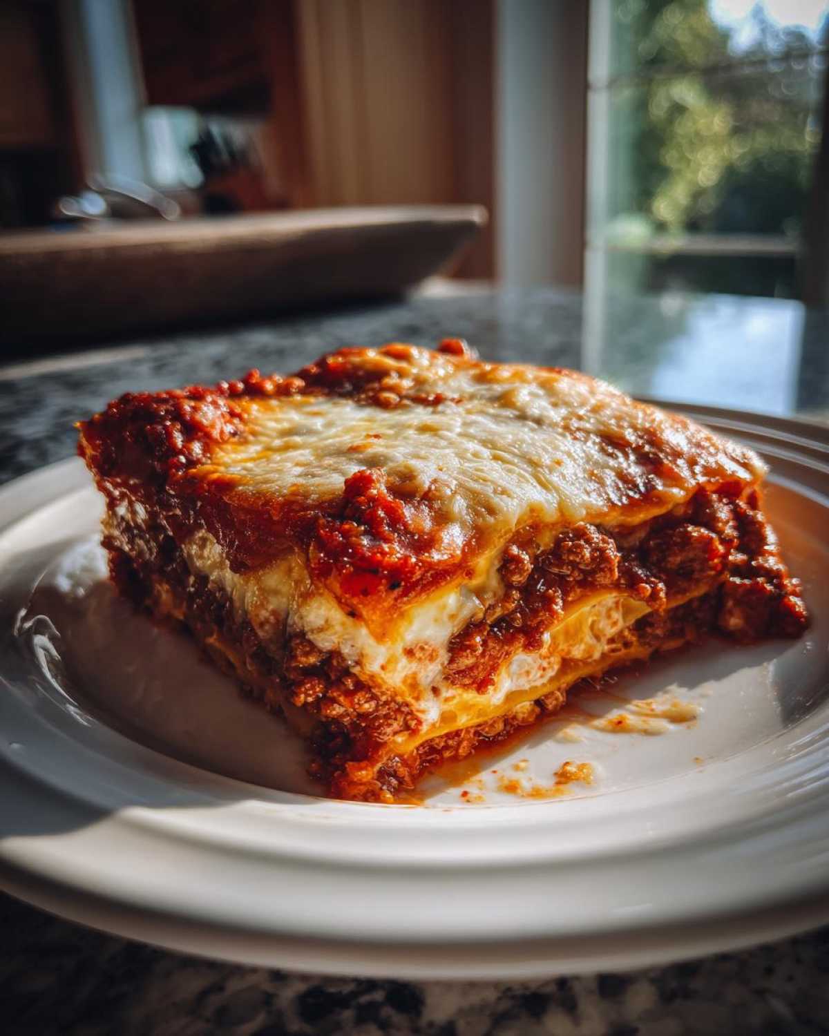 A close-up, sunlit serving of zucchini lasagna showing layers of meat sauce and melted cheese on a white plate.