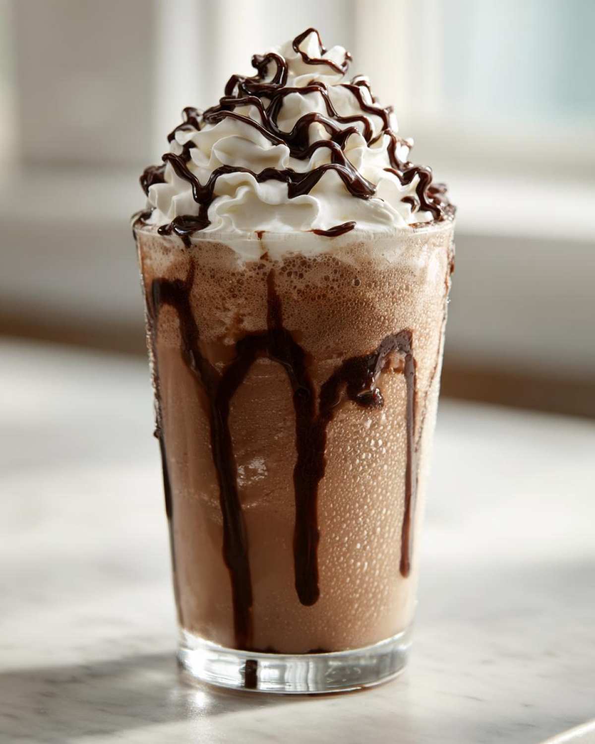 A tall glass of blended frozen hot chocolate topped with whipped cream and chocolate syrup drizzle.