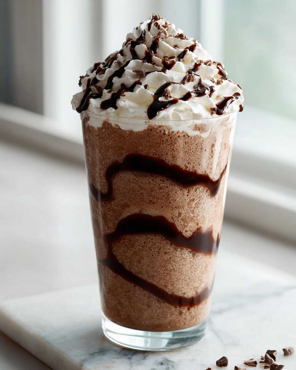 Tall glass of thick, blended frozen hot chocolate topped with whipped cream and chocolate syrup.