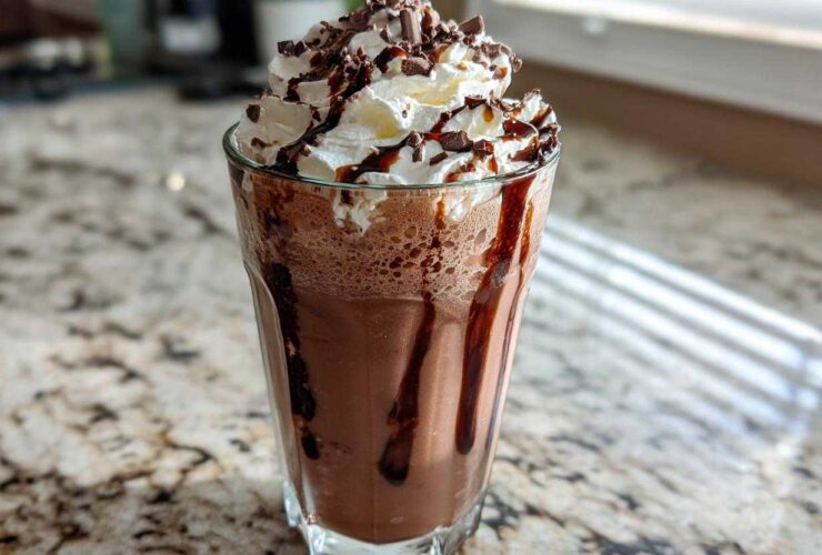 A tall glass filled with rich, blended frozen hot chocolate topped with whipped cream and chocolate shavings.