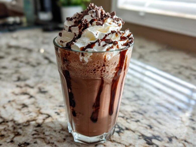 A tall glass filled with rich, blended frozen hot chocolate topped with whipped cream and chocolate shavings.