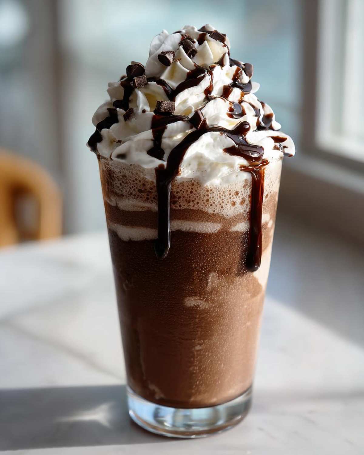 A tall glass filled with a rich, blended frozen hot chocolate topped with whipped cream, chocolate drizzle, and chips.