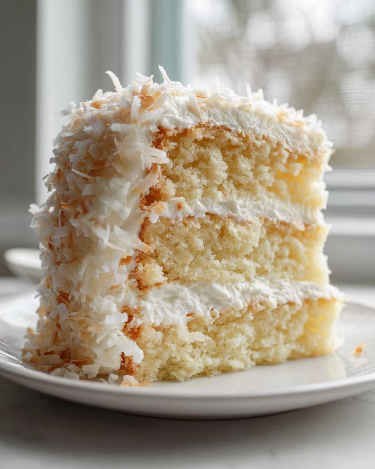 A close-up of a moist slice of layered coconut cake, covered in white frosting and toasted coconut flakes.
