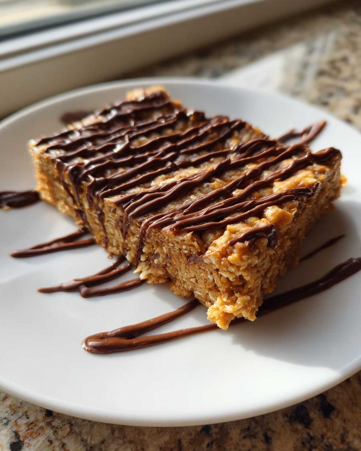 A close-up of a homemade protein bars slice topped with a zigzag of melted chocolate.