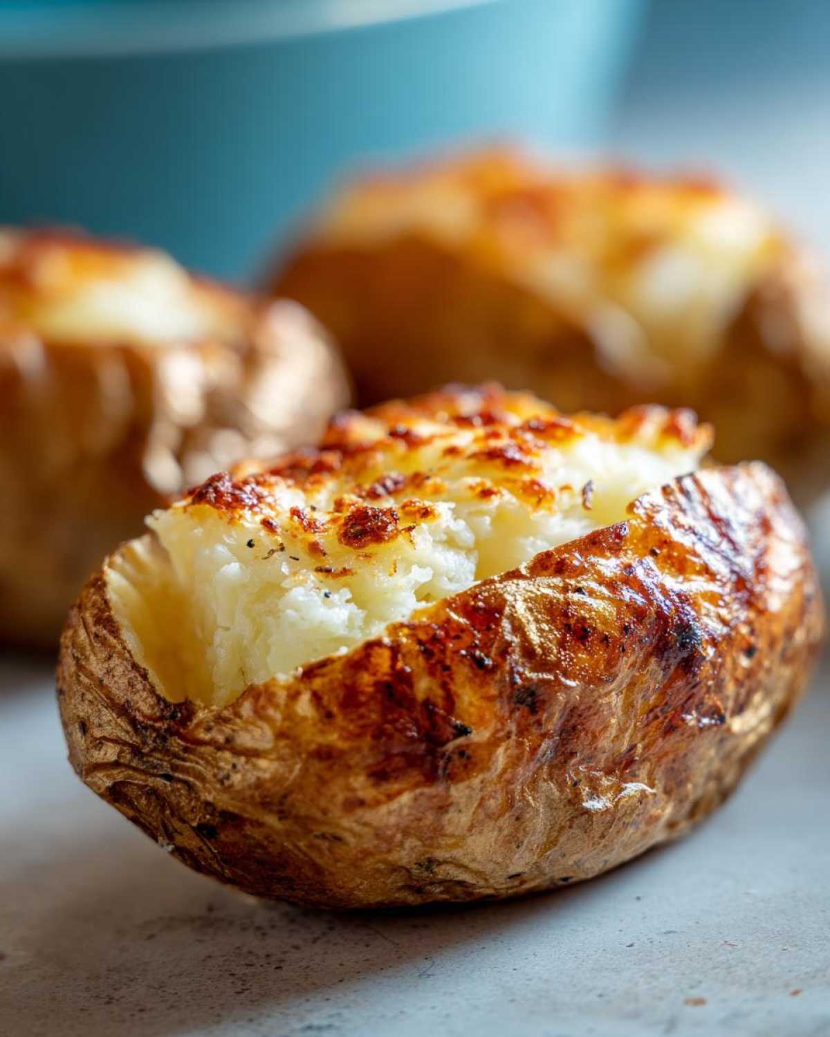 Close-up of a perfectly cooked air fryer baked potato, split open with fluffy interior and crispy, cheesy topping.