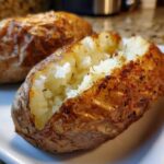 Close-up of a perfectly cooked air fryer baked potato, split open to show fluffy interior and seasoned crispy skin.