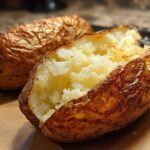 Close-up of a perfectly cooked air fryer baked potato, split open to show fluffy interior and crispy skin.
