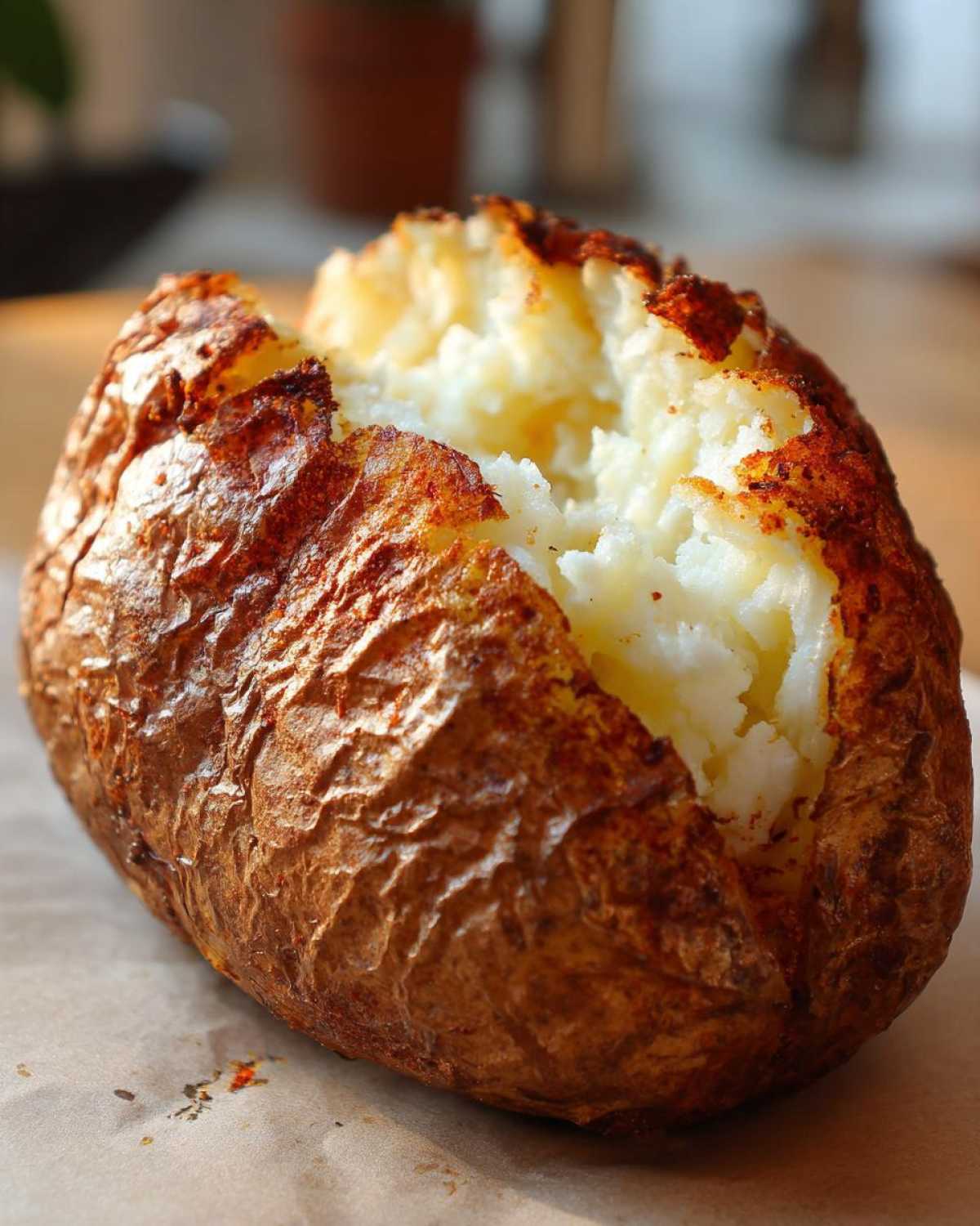 Close-up of a perfectly cooked air fryer baked potato with a split top revealing fluffy white interior and crispy, seasoned skin.