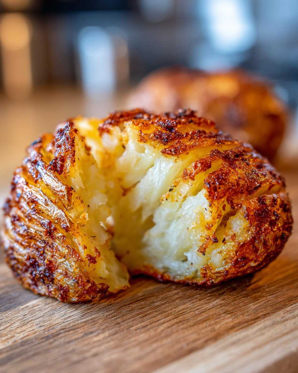 Close-up of a perfectly cooked air fryer baked potato, sliced open to show the fluffy interior and crispy seasoned skin.