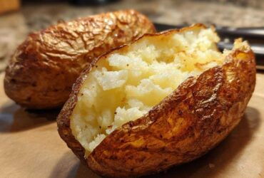 Close-up of a perfectly cooked air fryer baked potato, split open to show fluffy interior and crispy skin.