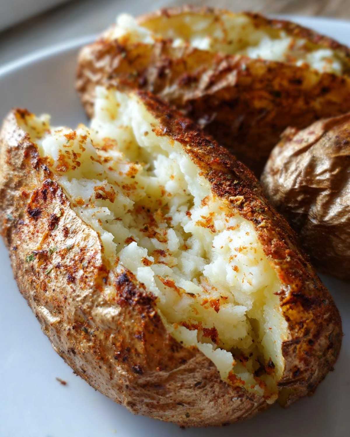 Close-up of a perfectly cooked air fryer baked potato, split open to show fluffy interior and seasoned, crispy skin.